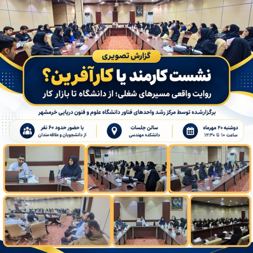 نشست آموزشی «کارمند یا کارآفرین؟؛ روایت واقعی مسیرهای شغلی از دانشگاه تا بازار کار» در دانشگاه علوم و فنون دریایی خرمشهر برگزار شد